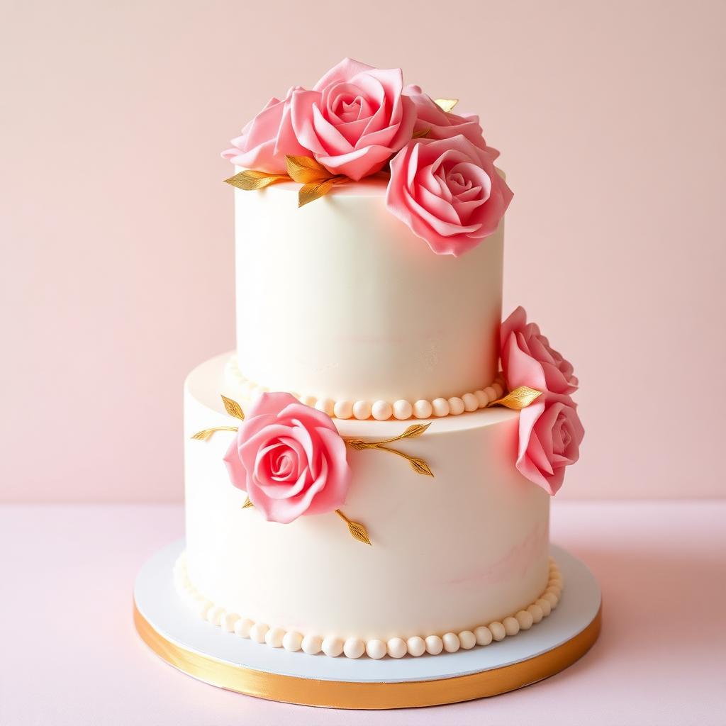 Bolo de festa decorado com rosas e detalhes dourados